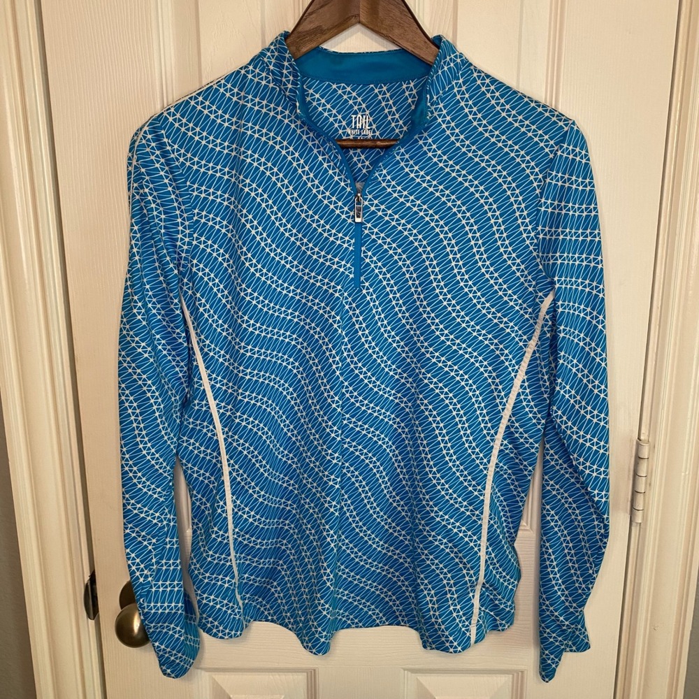 Tail White Label Womens Blue White Geometric Wave 1/4 Zip Golf Top Medium